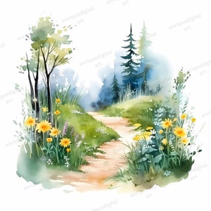 Aquarel bospad clipart, Lanscape clipart, wilde bloemen clipart, digitale download, afdrukbare kunst, bosscène, Instant Download