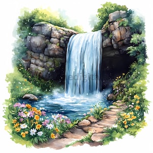 Paesaggio con cascata e fiori selvatici, Clipart acquerello, Immagini per la creazione di biglietti, Download digitale, Immagini JPG, Colori vivaci, Scene della natura