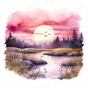 Clipart aquarelle au lever du soleil, paysage au lever du soleil, PNG, fabrication de cartes, couleurs bordeaux, oeuvre d'art à imprimer, oeuvre d'art murale, création de papier, aquarelle soleil