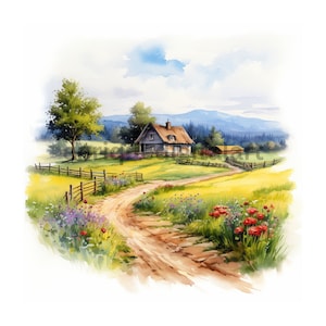 Watercolor Countryside Scene Clipart, Rural Life Landscape , JPG Format, Digital Download, Printable Clipart, Vivid Colors