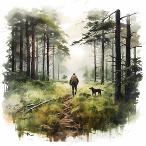 Acuarela perro paseo clipart, paisaje forestal, escena de la naturaleza, descarga digital, descarga instantánea, formato PNG, imágenes prediseñadas imprimibles, fabricación de tarjetas