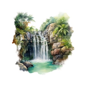 Watercolor Waterfall Clipart, Waterfall Landscape Clipart, Waterfall PNG, Mountain Clipart, Nature Scenery, Digital Prints, Transparent PNG