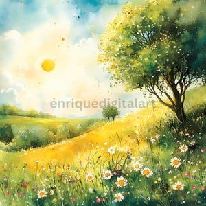Aquarell friedliche sonnige Wiesen Clipart, Aquarell Landschaft, Digitaldrucke, Sofort Download, JPG Format, Kartenherstellung
