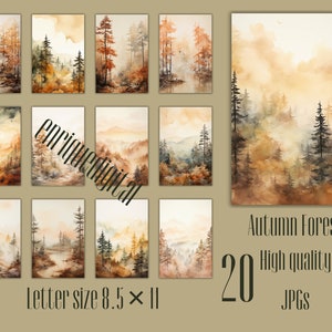 Clipart de forêt d’aquarelle, pages de journal de pacotille d’aquarelle, fond de forêt, papier de journal imprimable, arbres d’aquarelle, thème de forêt, JPG