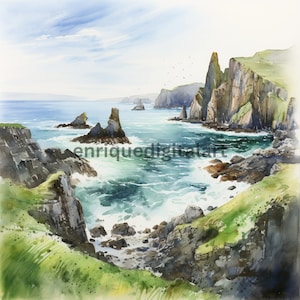 Clipart paysage océanique aquarelle, aquarelle océan rocheux, images imprimables, images pour la fabrication de cartes, décorations murales, téléchargement numérique