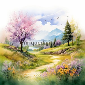 Clipart di campagna dell'acquerello, paesaggi primaverili, arte della parete stampabile, download digitale, arte scaricabile, creazione di cartoline