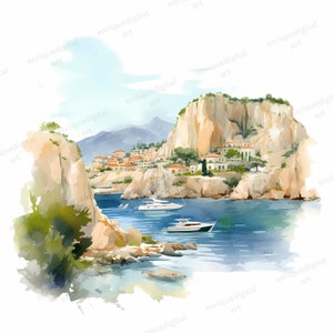 Aquarelle falaise des cliparts, paysage côtier, scène de la nature, téléchargement numérique, téléchargement immédiat, Format PNG, clipart imprimable, fabrication de cartes
