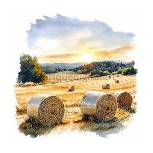 Aquarelle, scène de ferme en automne, paysages naturels d'automne, images aux couleurs vives, téléchargement numérique, images de fabrication de cartes, haute qualité JPG