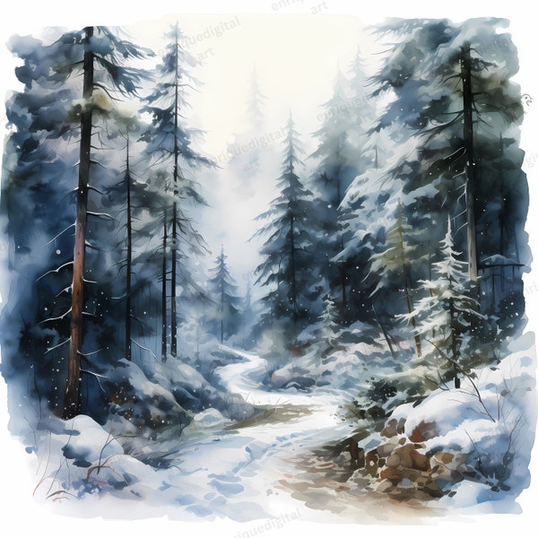 Winter Forest Clipart, Watercolor Art, Digital Prints, Digital Download, Pine Trees Clipart, Winter Landscape, Forest Path, Christmas