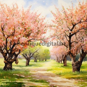 Imágenes prediseñadas de paisaje de primavera de acuarela, escena de la naturaleza de primavera en flor, paquete de imágenes prediseñadas, descarga digital, impresiones digitales, fabricación de tarjetas