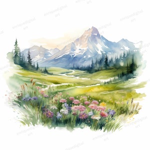 Aquarel berg clipart, berglandschap, wilde bloemen clipart, digitale download, afdrukbare kunst, kunst aan de muur, Instant Download, PNG