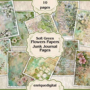 Green Floral Junk Journal Papers, Paper Crafting, Digital Download, Junk Journal Pages, Scrapbooking, Shabby Chic, Printable Papers