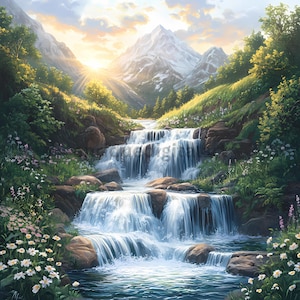 日の出の水彩画の滝のクリップアート、水彩画の風景、カード作成画像、デジタルダウンロード、JPG 画像、鮮やかな色、自然の風景