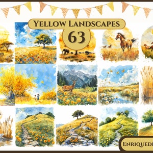 Aquarel gele landschappen clipart, zomer natuurtafereel, digitale download, digitale prints, afbeeldingen kaarten maken, scrapbookingafbeeldingen