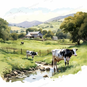 Aquarel platteland dieren clipart, landschapsscènes, PNG, digitaal papier, digitale download, afdrukbare clipart, afdrukbare landschappen