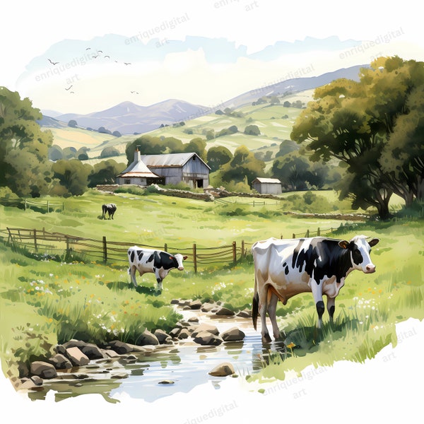 Watercolor Countryside Animals Clipart, Landscape Scenes, PNG, Digital Paper, Digital Download, Printable Clipart, Printable Landscapes