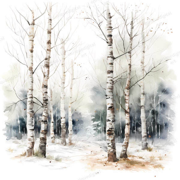 Watercolor Winter Birch Trees Clipart, Winter Landscape , PNG Format, Digital Paper, Digital Download, Printable Clipart, Printable Forest