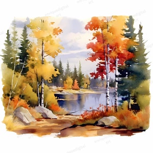 Aquarel Autumn Lake Clipart, landschapskunst, afdrukbare muurkunst, muurprint, digitale download, downloadbare kunst, natuurkunstafdrukken