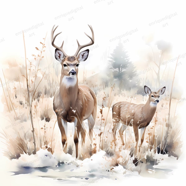 Watercolor Deer Clipart, Winter Landscape, PNG, Forest Landscape, Wall Decor, Digital Download, Card Making, Paper Crafting, Scrapbooking