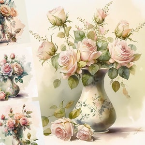 10 rose in un vaso di vetro clipart, PNG, uso commerciale, download digitale, supporti misti, creazione di carta digitale, clipart acquerello, clipart rose