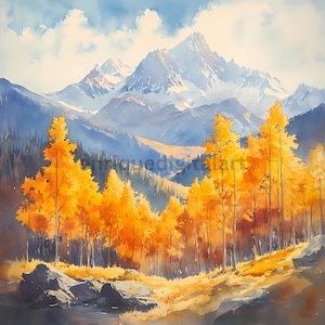 Paysage de montagne aquarelle en automne, clipart aquarelle, image aux couleurs vives, téléchargement numérique, images de fabrication de cartes, JPG de haute qualité