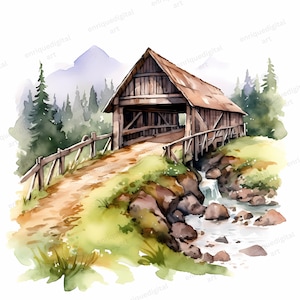 Watercolor Covered Bridge Clipart, Bridge Landscape, Printable Art, Digital Download, Bridge PNG Format, Forest Mountain Landscape