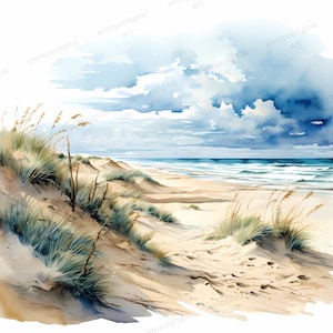Conjunto de imágenes prediseñadas de playa en acuarela, imágenes prediseñadas de paisaje marino, paisajes oceánicos, pinturas de paisajes, formato PNG, fabricación de tarjetas, manualidades con papel, álbumes de recortes
