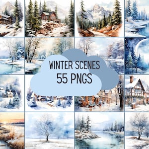 Aquarell Winter Landschaft Clipart, Winter Natur Szene, Clipart Bundle, Digital Download, Digitaldrucke, Kartengestaltung, Papier Basteln