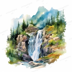 Watercolor Waterfall Clipart, Forest Waterfall Landscape Clipart, Waterfall PNG, Mountain Clipart, Nature Scenery, Digital Prints
