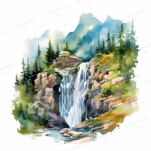 Aquarelle cascade Clipart, forêt cascade paysage Clipart, cascade PNG, montagne Clipart, Nature paysage, impressions numériques
