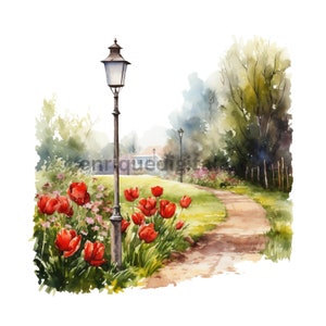 Aquarell Dorf Straße bedeckt von Tulpen, Clipart, rote Tulpen Clipart, Natur Szene, digitaler Download, Sofort Download, PNG, Kartenherstellung