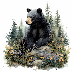 Aquarelle ours noir Clipart, paysage boisé, téléchargement numérique, Images de fabrication de cartes, décoration murale, Format JPG, Clipart Nature