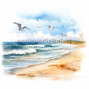 Aquarell Strand Clipart-Set, Meerlandschaft, Clipart, PNG-Format, Landschaftsmalerei, Kartengestaltung, Papierhandwerk, Scrapbooking
