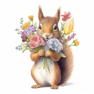Ardilla con ramo, ardilla feliz, imágenes prediseñadas de ardilla, ardilla floral, elaboración digital, fabricación de tarjetas, ardilla PNG, arte infantil, naturaleza