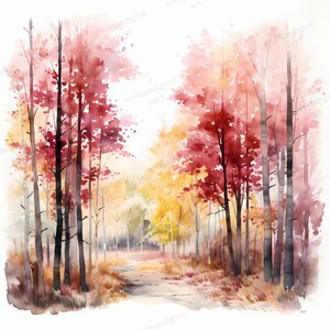Watercolor Forest Clipart, Forest Landscape, PNG Image, Card Making, Burgundy Colors, Printable Art, Wall Art, Paper Crafts, Watercolor PNG