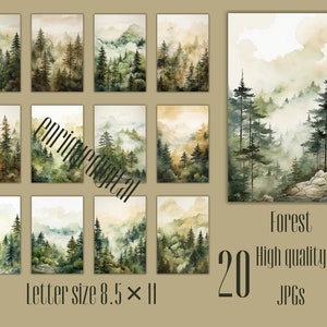 Clipart de forêt d’aquarelle, pages de journal de pacotille d’aquarelle, fond de forêt, papier de journal imprimable, arbres d’aquarelle, thème de forêt, JPG