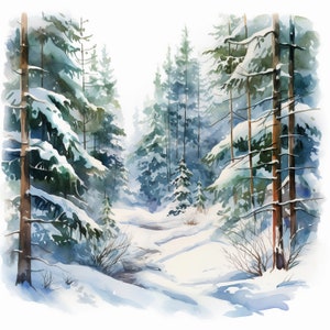 Acuarela Bosque de Invierno Clipart, Paisaje de Invierno, Formato PNG, Papel Digital, Descarga Digital, Imágenes Prediseñadas Imprimibles, Bosque Imprimible