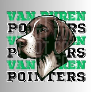 May include: A digital illustration of a Pointer dog in profile, featuring brown and white fur, with the text "VAN BUREN POINTERS" in green and black block letters. The dog has a focused gaze.