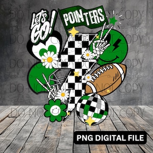 May include: A digital design featuring a green and black checkered pattern with a lightning bolt, a football, a disco ball, and a green shamrock with a smiley face. The design also includes a green banner with the text "POINTERS" and a green and white banner with the text "Let's Go!"