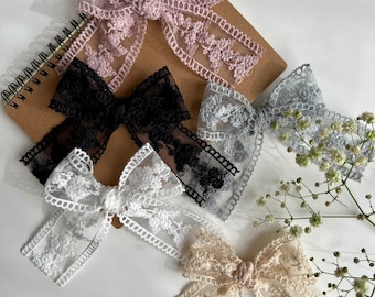 Embroidered Mesh Lace Hair Bow, Long Tail Floral Embroidered Lace Hair Bow, Lace Hair Bow