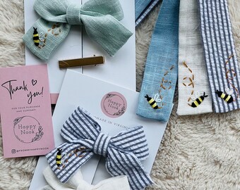 Hand Embroidered Bee Linen& Seersucker Hair Bows