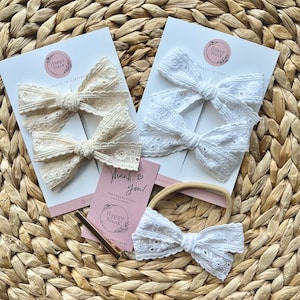 Vintage Embroidered Lace Hair Bow: White & Ivory Baby Pigtail Bow