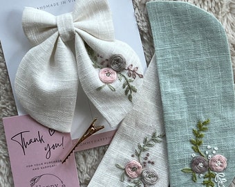 Hand Embroidered Linen Hair Bow