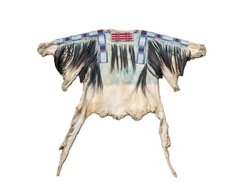 Old Native Style Buckskin Hide Powwow Regalia Handmade Beaded War Shirt Hand Colored PWS276