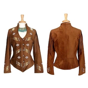 Cowgirl Western Brown Suede Leather Fringe Jacket With Bones For Woman WWJ702
