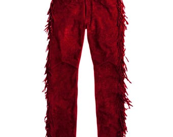 Men's New Red Buckskin Suede Leather Western Hippy Fringe