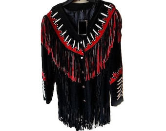 Cowgirl Suede Fringe Leather Jacket, Western Bone and Stud Detail