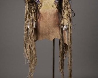 Old Native Style Buckskin Hide Powwow Regalia Handmade Beaded War Shirt Hand Colored PWS199