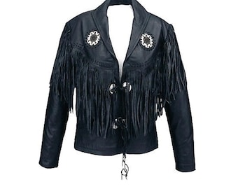 Men's Western Black Buckskin Leather Fringe Beaded Jacket WBL93