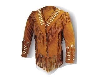 Herren Cowboy-Lederjacke, Westernfransen, Leder, Wildleder, Mantel-Stil, Braun – Fransenjacke, Small